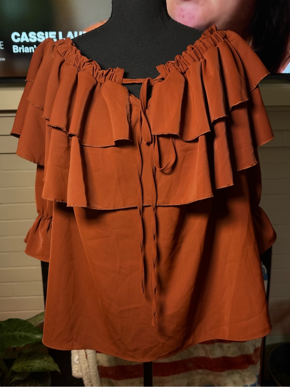Source Unknown Rust Ruffle Off-Shoulder Blouse with Tie